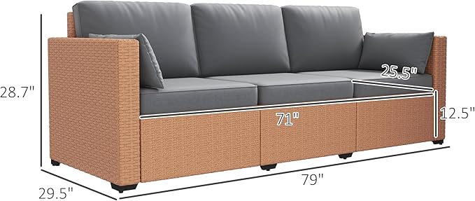 Outsunny Patio Couch PE Wicker Deep Seating Outdoor Sofa with Removable Cushions, 3 Seater Rattan Sofa, Outdoor Furniture for Balcony, Deck, Garden and Poolside, Sand