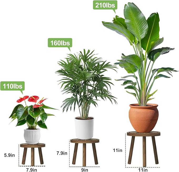 3 Pack Plant Stand Indoor Outdoor Mid-Century Modern Plant Stool Wooden Plant Pot Holder Home Decor for Gardening Living Room,Balcony,Office (Heavy Burnt Color, 3 Pack)