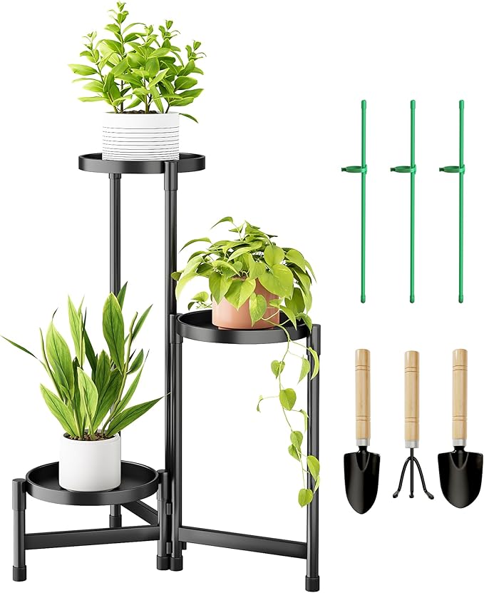 3 Tier Plant Stand Indoor, Tiered Plant Stand Outdoor for Multiple Plants, Corner Plant Shelf for Patio Balcony Porch Garden Living Room House, Black
