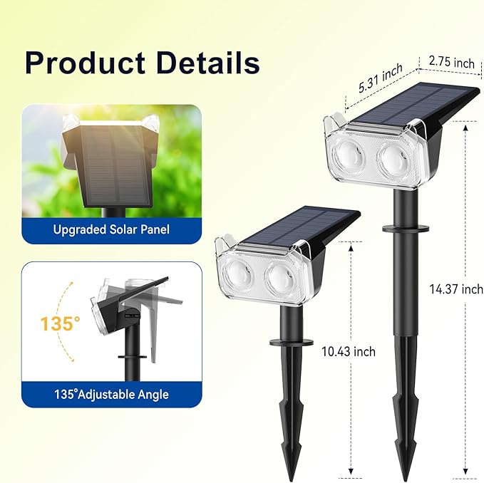 LETMY Solar Spot Lights Outdoor Waterproof with Bigger LED, Auto ON/Off 135°Adjustable Solar Lights Outdoor, 2-in-1 Wall Lights & 2 Modes Landscape Spotlights for Tree Yard Pathway Garden Decor 2Pack