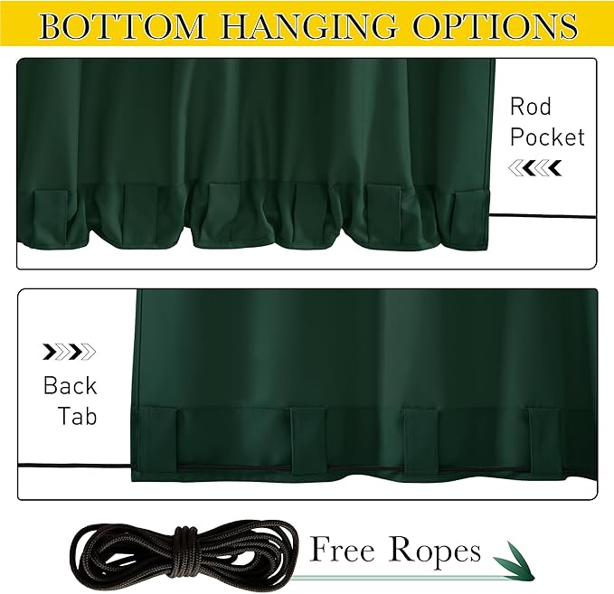 NICETOWN Canvas Outdoor Curtains for Christmas 2 Panels, Dark Green, W52 x L84 per Panel - Waterproof & Windproof Sun Shades with Grommet & Back Tab & Rod Pocket, Free Rope for Bottom Fixing