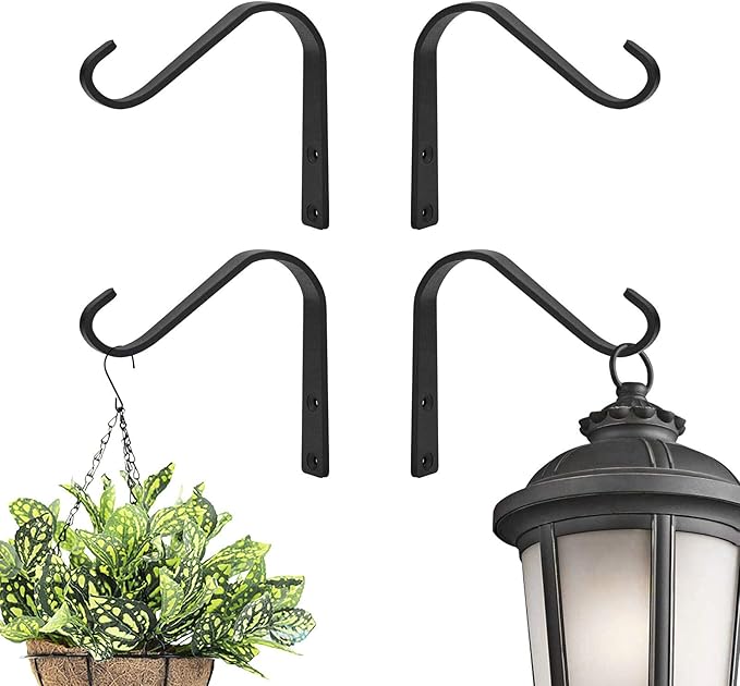 Plant Hooks 5 Inch, Rustic Cast Iron Wall Hooks for Hanging Plants Outside, Heavy Duty Plant Hangers, Decorative Planter Hook Hanging Brackets Indoor (4 Pack)