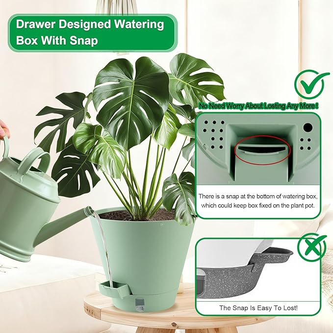 Self-Watering-Pots-for-Indoor-Plants, 8 Inch Flower Pots for Indoor Plants, 3 Packs Plastic Planters with Drainage Holes and Saucers