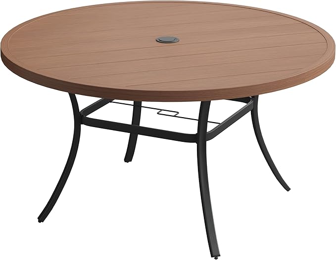 VICLLAX 63" Outdoor Round Patio Table with Umbrella Hole, All Weather Metal Round Outdoor Dining Table for Lawn Garden, 8-10 Person Table, Walnut Wood Grain