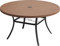 VICLLAX 63" Outdoor Round Patio Table with Umbrella Hole, All Weather Metal Round Outdoor Dining Table for Lawn Garden, 8-10 Person Table, Walnut Wood Grain