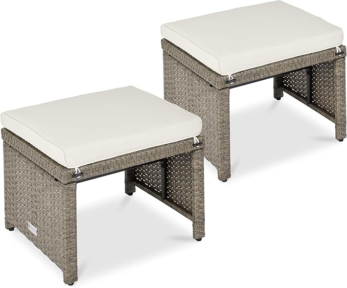 Best Choice Products Set of 2 Wicker Ottomans, Multipurpose Outdoor Furniture for Patio, Backyard, Additional Seating, Footrest, Side Table w/Removable Cushions, Steel Frame - White Sand/Taupe