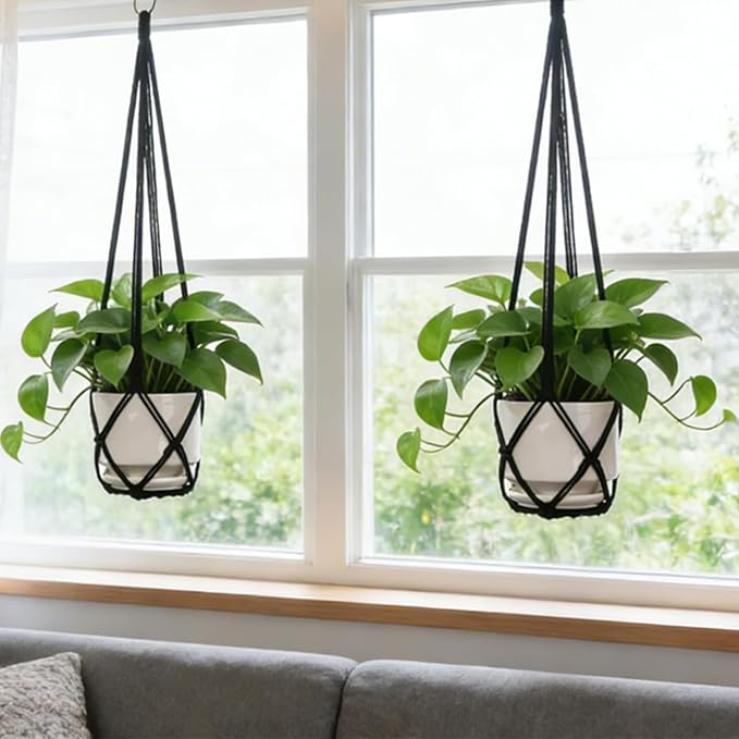 YIBOT Macrame Plant Hanger Indoor Set of 2 with 2 S Hooks, Indoor Outdoor Hanging Planter for Plants Holder with Decorative No Tassels, Boho Home Decor, 35 Inch, Black (Pots Not Included)