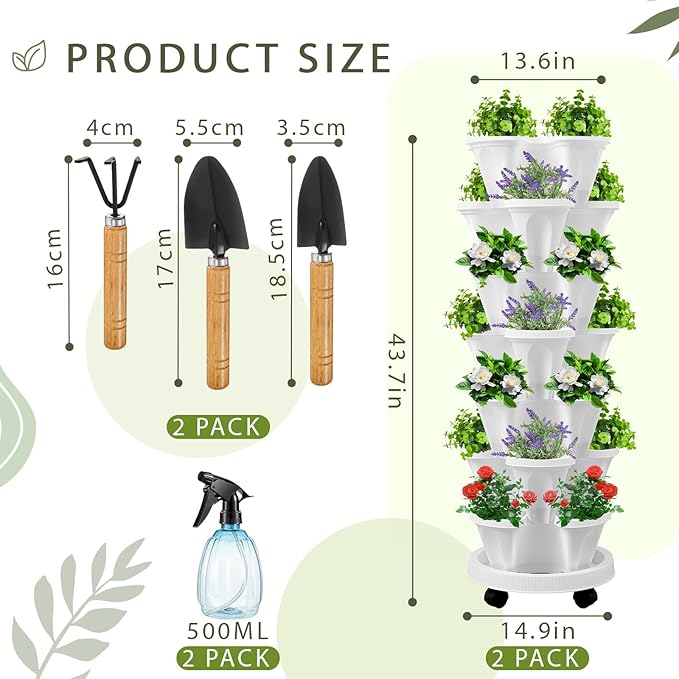 Umigy 2 Set of 7 Tier Vertical Planter Stackable Tower Planters Strawberry Herb Flower and Vegetable Pots Indoor Outdoor Gardening Pots with Removable Wheels and Tools(White,Classic)