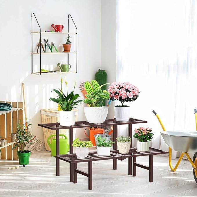 2 Tier Plant Stand Indoor Outdoor, Foldable Metal Separated Ladder Plant Stands, Plant Shelf Multiple Flower Pot Holder Display Shelving for Garden Living Room Patio,Brown