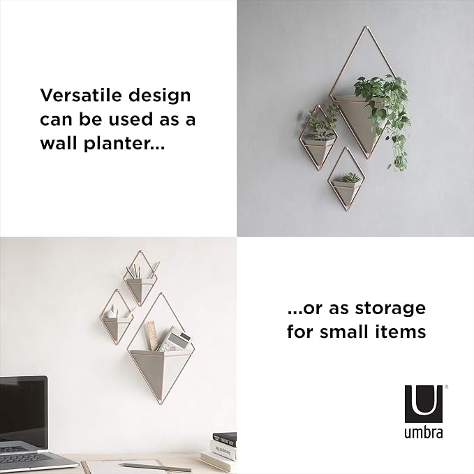 Umbra Trigg Hanging Planter Vase Wall Decor, Set of 2 Pots Containers for Succulents, Cactus, Faux Plants, and More, Small, Grey/Copper