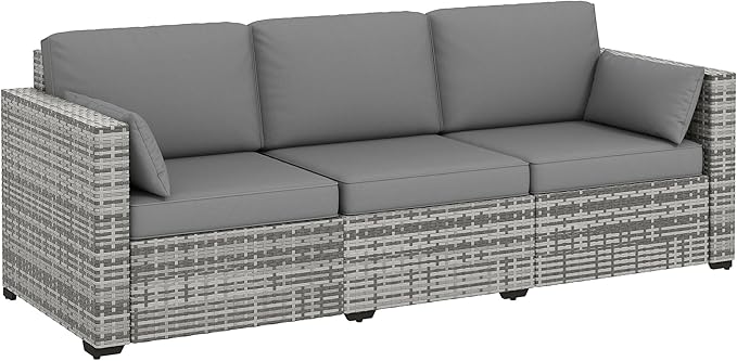 Outsunny Patio Couch PE Wicker Deep Seating Outdoor Sofa with Removable Cushions, 3 Seater Rattan Sofa, Outdoor Furniture for Balcony, Deck, Garden and Poolside, Gray