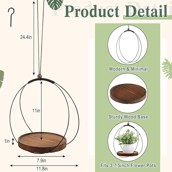1 Pack Hanging Planters for Indoor Black Plant Hanger with Round Wood Base Large Indoor Hanging Plant Shelf Boho Holder Gift for Mom,housewarming (Round)