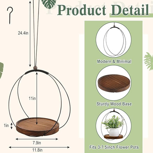 1 Pack Hanging Planters for Indoor Black Plant Hanger with Round Wood Base Large Indoor Hanging Plant Shelf Boho Holder Gift for Mom,housewarming (Round)