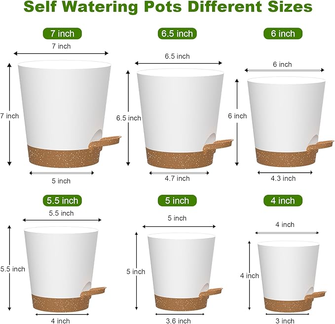 Self Watering Pots, 7/6.5/6/5.5/5/4 inch Flower Pots with Multi Mesh Drainage Holes, Small Platic Planters for Indoor Outdoor Garden Plants and Flowers (Whtie with Brown Tray, 7"+6.5"+6"+5.5"+5"+4")