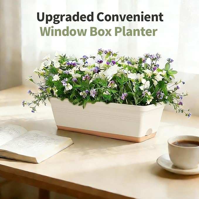 Window Box Planter, 6 Pack Plastic Vegetable Flower Window Planters Boxes 16 Inches Rectangular Flower Pots with Drainage Holes and Saucers (White)