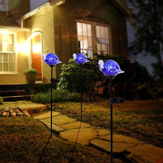 Afirst Decorative Solar Lights Outdoor Solar Turtle Stake Lights Hand Blown Glass Decorative Garden Pathway Light Outdoor Waterproof Glass Stakes Blue