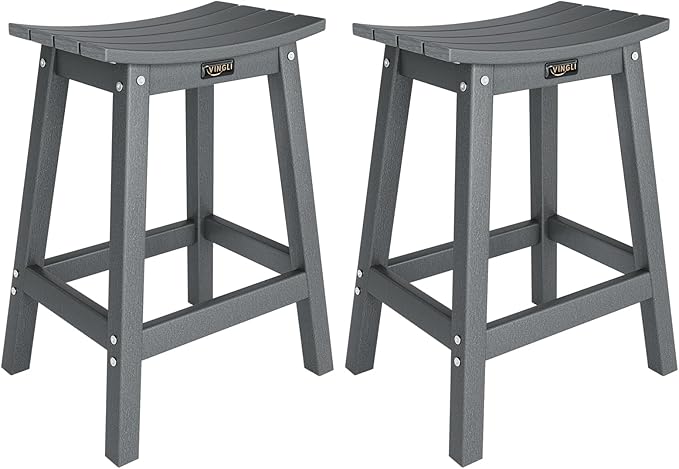 VINGLI 24 Inch Outdoor Bar Stools Set of 2, HDPE Weather Resistance Counter Height Bar Stools Durable Patio Chairs for Bar, Kitchen Counter, Yard (Gray, 24 Inch 2PC)