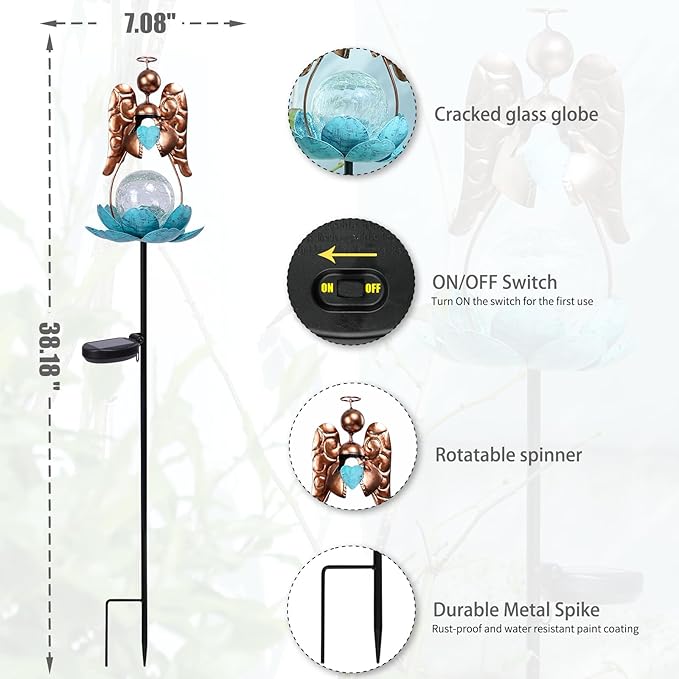Solar Garden Lights Metal Flower Decor Colorful Solar Pathway Light with LED Cracked Crystal Ball Outdoor Decorative Stake for Patio Yard Lawn Garden Decor (Angel)