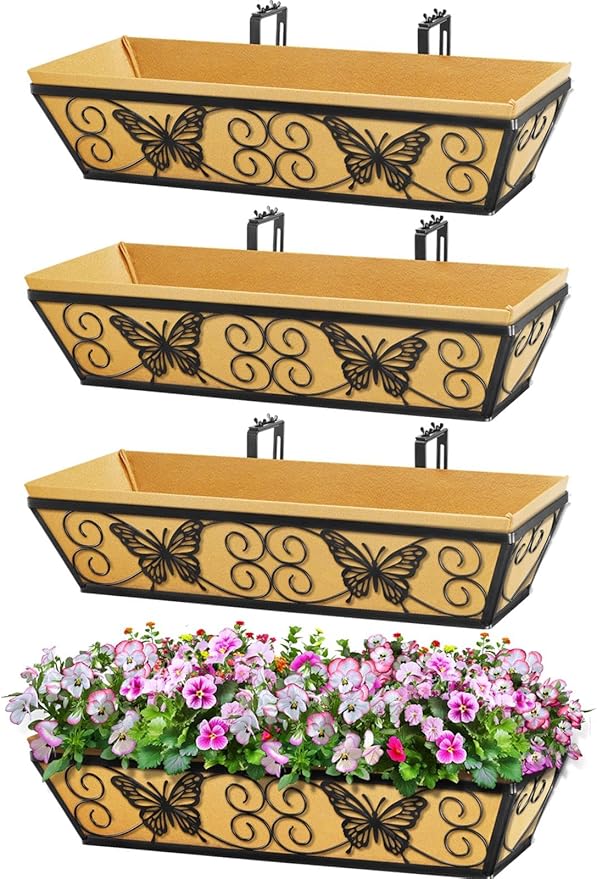 4 Pack 24 Inch Window Boxes Planters Railing Planter Box with Adjustable Brackets for Porch Fence Patio Balcony Hanging Flower Baskets with Woven Fabric for Outdoor Garden Decor - Black
