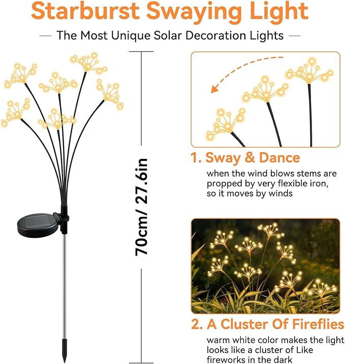 JJGoo Solar Garden Lights, New Upgraded 4 Pack Solar Swaying Starburst Light, Waterproof Fireworks Outdoor Lights, Yard Patio Pathway Decoration, Warm White