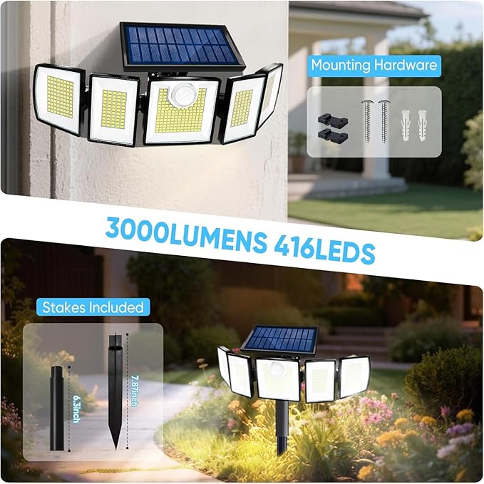 Solar Lights Outdoor Waterproof Motion Sensor - 416 LEDs 3000 Lumens Super Bright 3 Brightness 3 Modes 2400mAh 360° Illumination 32ft Solar Flood Security Light for Outside (with Stakes, 4)