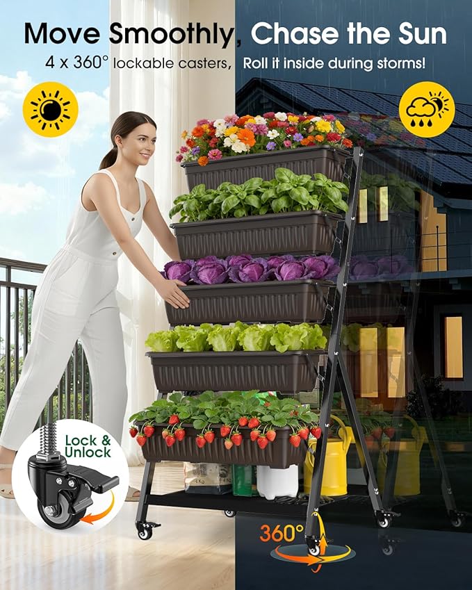 5-Tier Vertical Garden Bed Planter Boxes with Wheels, Drainage System & Storage Space, Mobile Vertical Garden Planter with 5 S-Hooks for Plants Vegetables Flowers Herbs in Garden Patio Yard