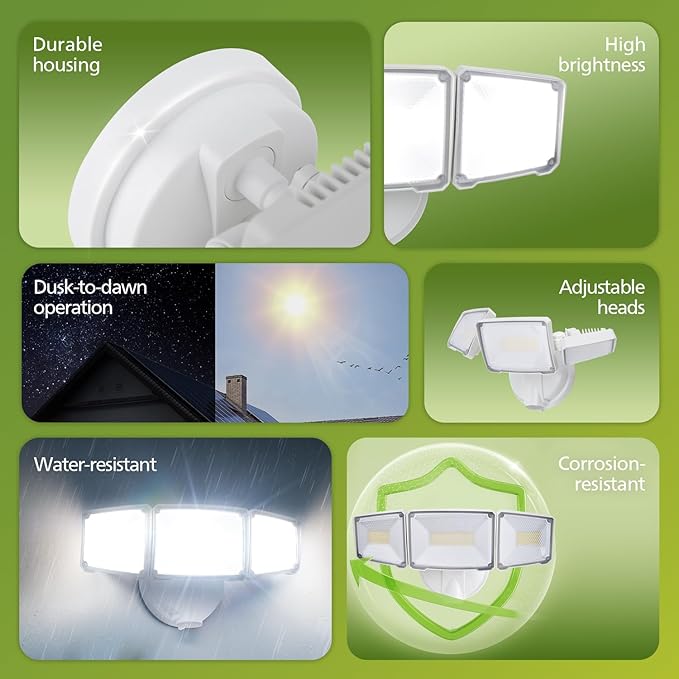 Philips 72W 7400LM LED Flood Lights Outdoor, Dusk to Dawn Aluminum Security Lights, 3 Adjustable Heads, Wall Mount, 5000K Daylight, Waterproof for Yard, Garage