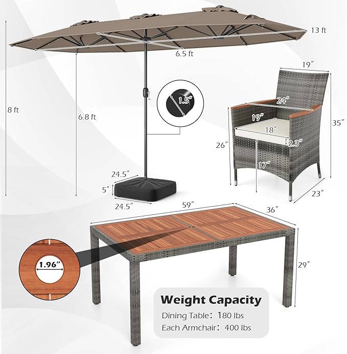 Tangkula 9 Pieces Rattan Outdoor Dining Set with 13Ft Solar Patio Umbrella for 6, Outdoor Wicker Table Set with 8 Cushioned Chairs, Acacia Wood Top, Outdoor Umbrella with Base Included