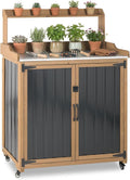 Potting Bench Table & Outdoor Storage Cabinet with Lockable Wheels, Adjustable Shelves, Mobile Waterproof Metal Top Workstation for Garden Patio BBQ Organization, Magnetic Latch & Edge Guard