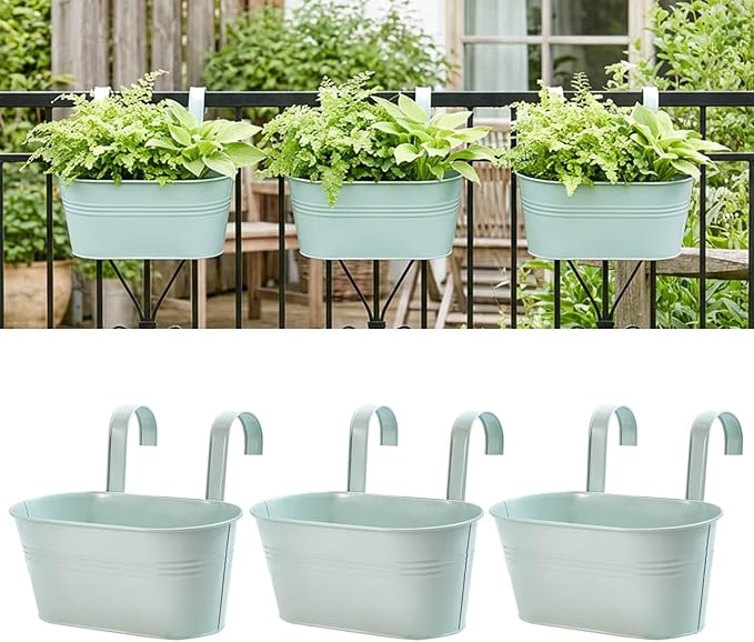 vensovo Metal Railing Planter for Outdoor Plants - 3 Pack Balcony Hanging Planter Box with Detachable Hooks and Drain Holes Oval Hanging Pots Fence Planters for Railing Garden Fence, Green