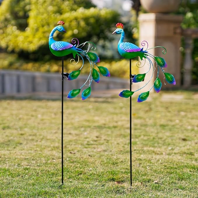 DREAMSOUL 2 Pack Metal Peacock Solar Lights Outdoor Waterproof LED Solar Lights, Decorative Garden Stakes for Yard Pathway Peacock Decor