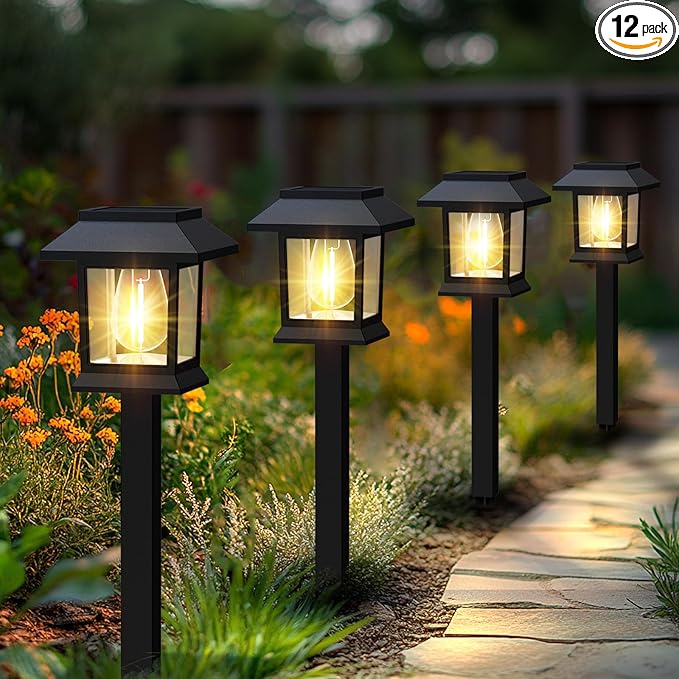 Solar Outdoor Lights, 12 Pack Solar Pathway Lights Waterproof, Landscape Lighting for Path Walkway Lawn Garden Yard Outside Décor, Black