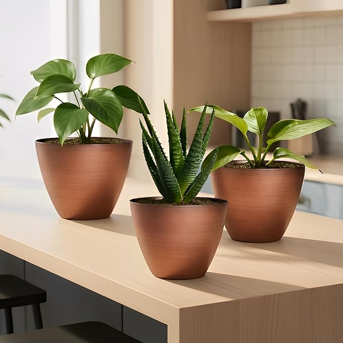 2 Pack Plastic Plant Pots with Drainage Holes, 8 inch Planter for Indoor Outdoor Plant, Garden Flower Pots for Aloe, Herbs, Cactus (Brushed Copper, 2pcs)
