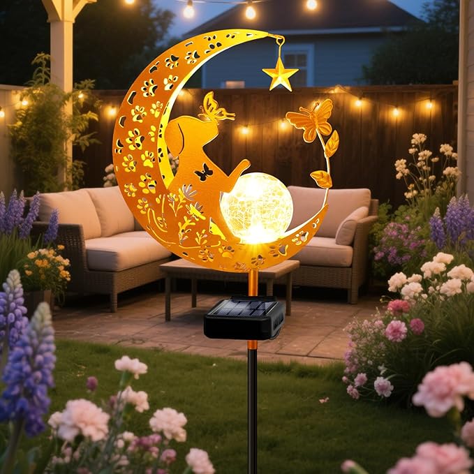YJFWAL Garden Solar Dog Lights Pathway Stake Lights Glass Globe with Moon Cat Decor, Christmas Gift for Mom Grandma Friends, Outdoor Decor Light Waterproof for Walkway, Patio or Garden (Warm White)