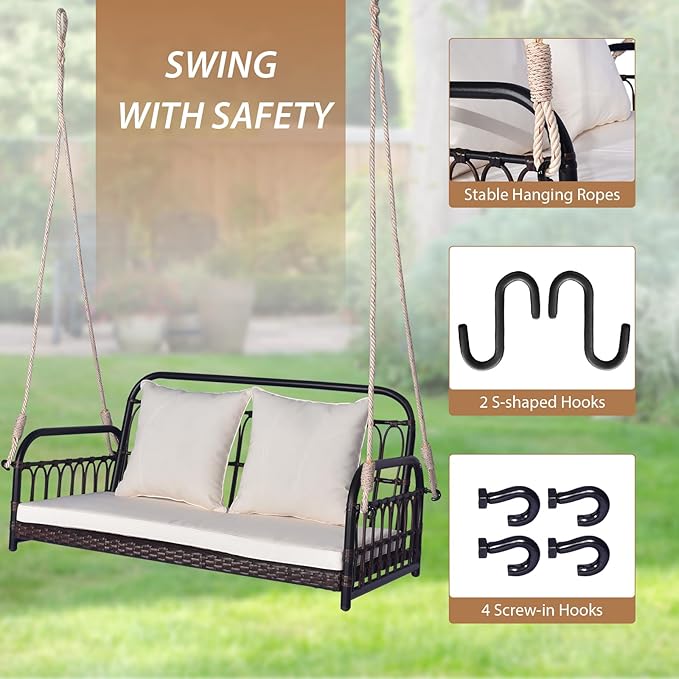 Tangkula Outdoor Wicker Porch Swing, 2-Person Hanging Seat with Seat & Back Cushions, Heavy-Duty Metal Frame & 2 Sturdy Hanging Ropes, Wicker Woven Swing Loveseat for Front Porch, Backyard (Off White)