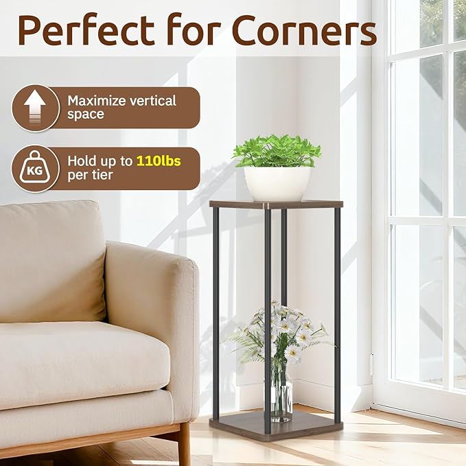 2 Tier Plant Stand Indoor, 28In Tall Corner Vertical Wood Metal Square Shelf, Modern Black Large Planter Table Heavy Duty Flower Pot Holder Rack for Narrow House Living Room Floor Orchid, Oak