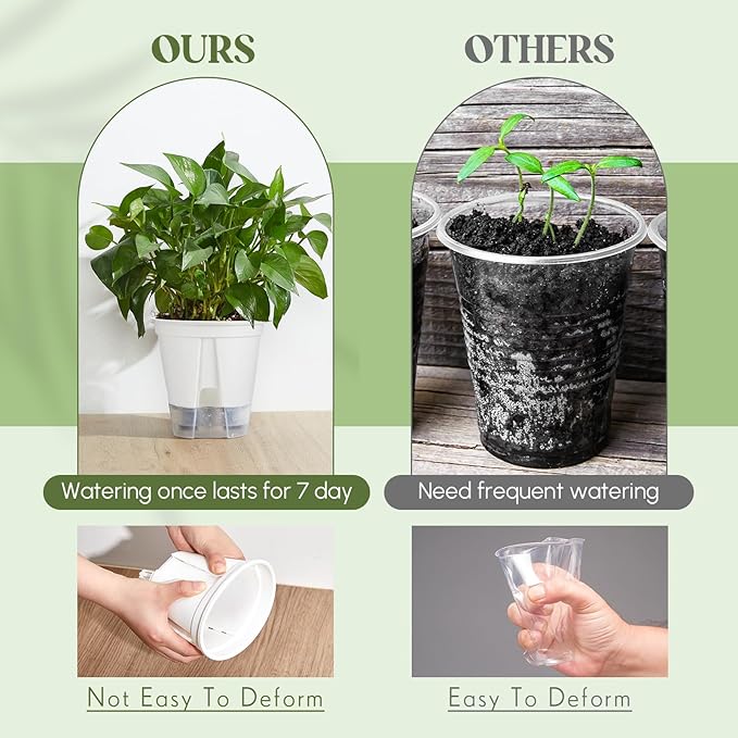 Self Watering Pots for Indoor Plants with Deep Reservoir and High Drainage Holes for Outdoor Plants and Flowers, Bare Root Planter(4.72'', 5.91'', 7.09'',White,9 Pcs)