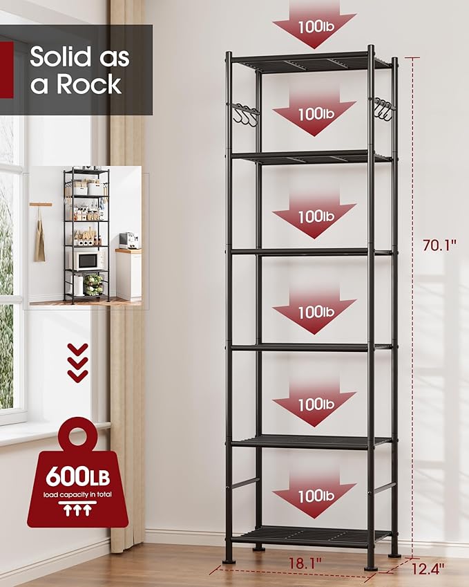 Storage Shelves - 6-Tier Large Capacity Shelf Organizer with Hooks, Heavy-Duty Garage Shelving with Leveling Feet, Wobble-Free Rack for Bedroom, Balcony, Garage, 18.1"×12.4"×70.1", Black