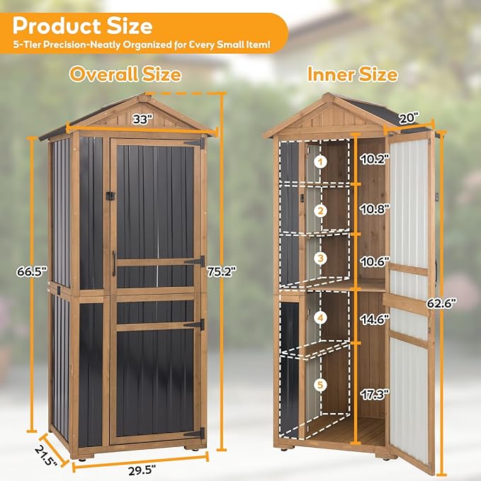 Outdoor Storage Cabinet, Wood & Metal Garden Shed with Waterproof Asphalt Roof, Patio Organizer with 3 Fixed Shelves & Removable Shelf for Long Tools, Lockable Magnetic Doors for Backyard Garage Pool