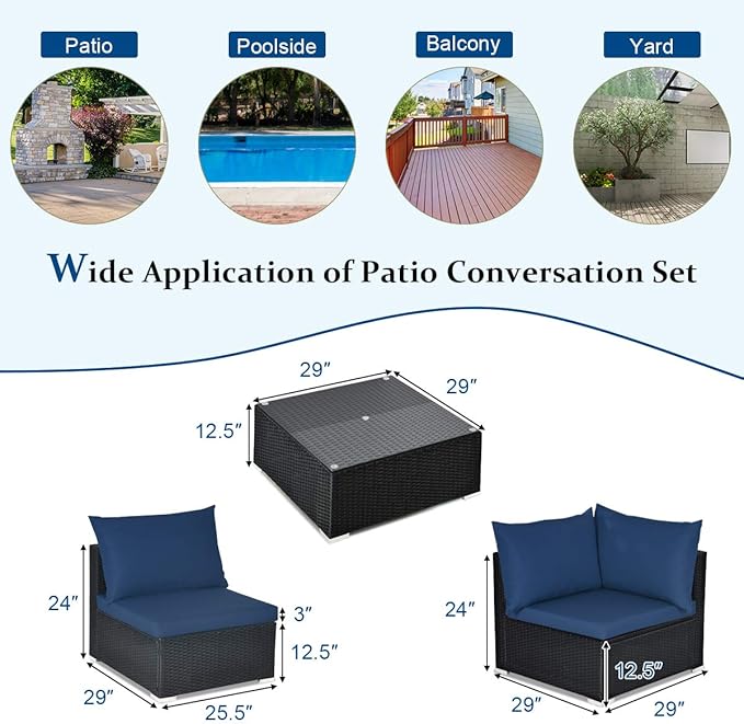 Tangkula 7-Piece Patio Furniture Set, Outdoor Sectional Wicker Sofa with Pillows and Cushions, Conversation Set with Coffee Table & Tea Table for Garden, Lawn (Navy Blue)