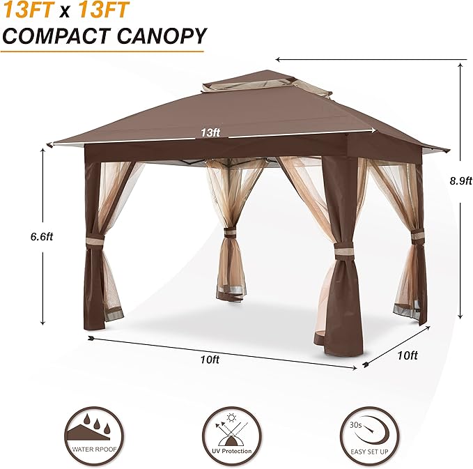 COOSHADE 13x13 Pop Up Gazebo Tent Outdoor Canopy Patio Shelter with Mosquito Netting(Brown)