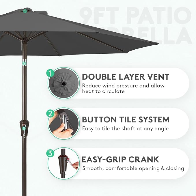 JEAREY 9FT Outdoor Patio Umbrella Outdoor Table Umbrella with Push Button Tilt and Crank, Market Umbrella 8 Sturdy Ribs UV Protection Waterproof for Garden, Deck, Backyard, Pool (Dark Gray)