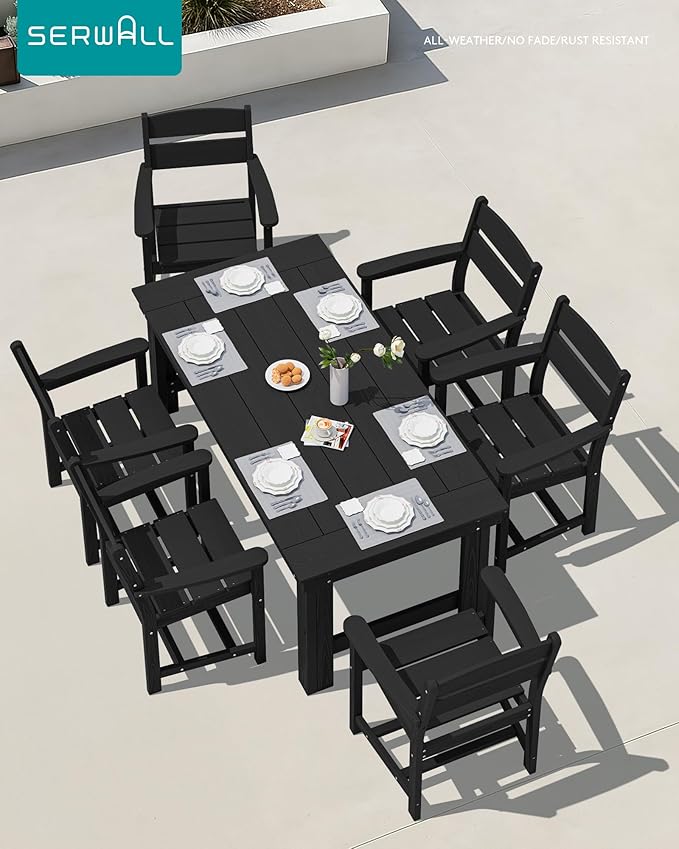 SERWALL Outdoor Dining Table Set, 67‘’ HDPE Patio Dining Set for 4, All-Weather Outdoor Table and Chairs Set for Deck, Black