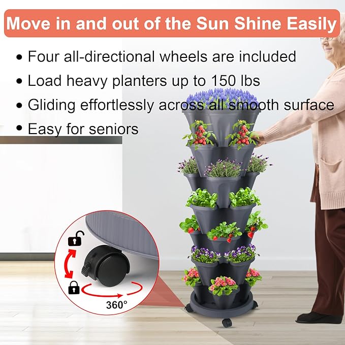 DUNCHATY Stackable Planter, Vertical Garden Planter with Wheels and Tools, Self Watering Strawberry Planter Indoor/Outdoor 7 Tier Herb Planter Pots for Growing Vegetables and Succulents, Dark Gray