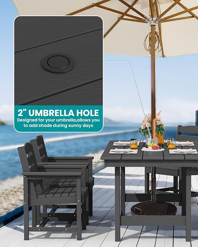 SERWALL Patio Dining Table Sets 5-Piece, Outdoor HDPE Dining Furniture Set with Umbrella Hole Cut-Out Table and 4 Chairs, All Weather Dining Set for Lawn, Garden, Backyard, Poolside, Black