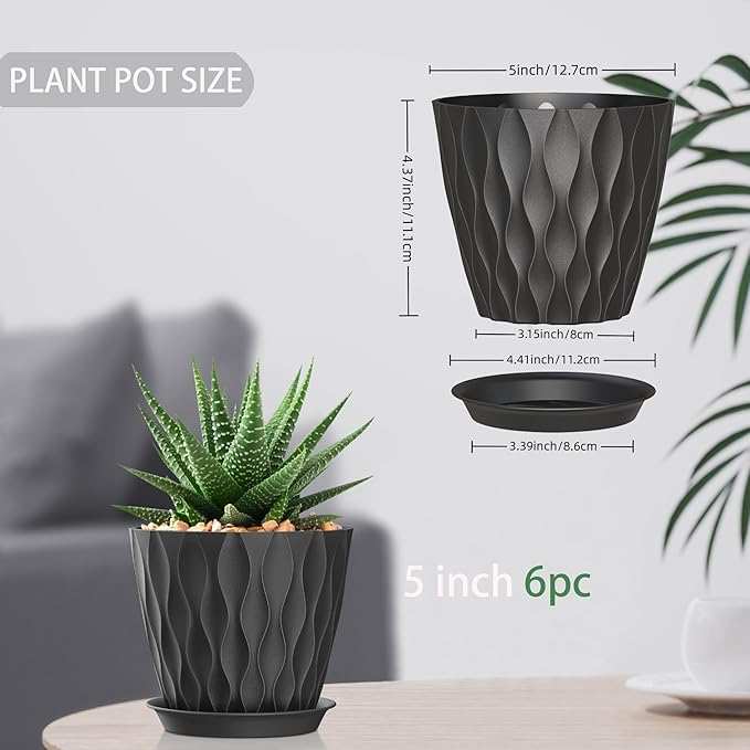 5 Inch Planter Pots, 6 Pack Indoor Planters, Small Flower Pots with Drainage Holes and Tray for Succulents, Orchids, Herbs and Other Indoor Plants,Black