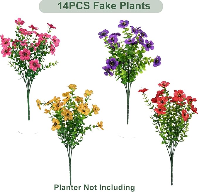 Artificial Flowers for Outdoor, UV Resistant Fake Silk Flowers, Realistic Faux Plants for Outside Indoor Porch Patio Window Box Planter Home Decor (14, Yellow Purple Rosy Red)