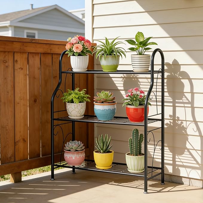 SORCEDAS Plant Stand Indoor Outdoor Plant Shelf 3 Tier Metal Corner Flower Stand Multiple Holder for Patio Garden Balcony Living Room, Dark Grey