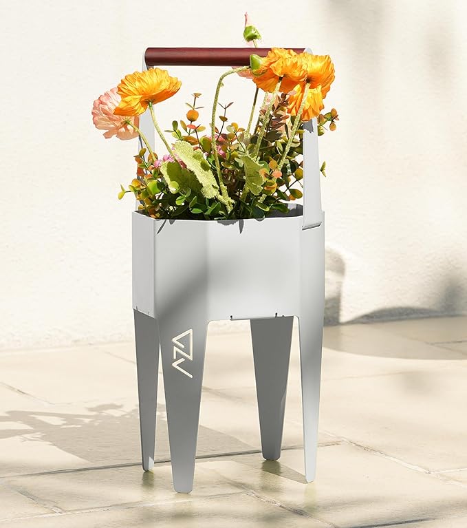 Planter with Stand, Metal 2 in 1 Portable Planter with Grow Bags & Handle, Stable Stylish Indoor Plant Pots with Stand, Modern Flower Pots Outdoor, 7.5'' x 17.3'', White, Plant Not Included