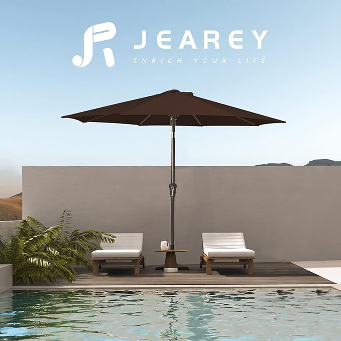 JEAREY 9FT Outdoor Patio Umbrella Outdoor Table Umbrella with Push Button Tilt and Crank, Market Umbrella 8 Sturdy Ribs UV Protection Waterproof for Garden, Deck, Backyard, Pool (Brown)